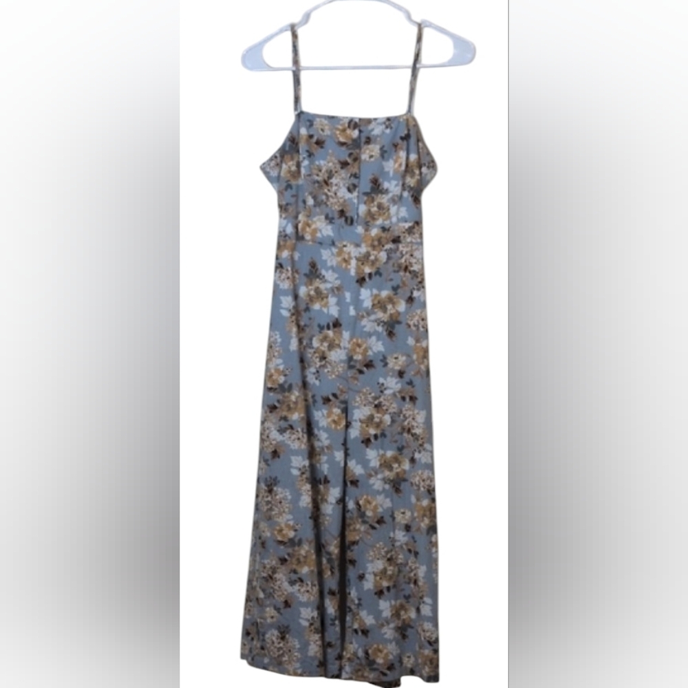 FAVLUX Floral Pantsuit in Blue/Brown, Size Med, Cute Open Back, wide Legs